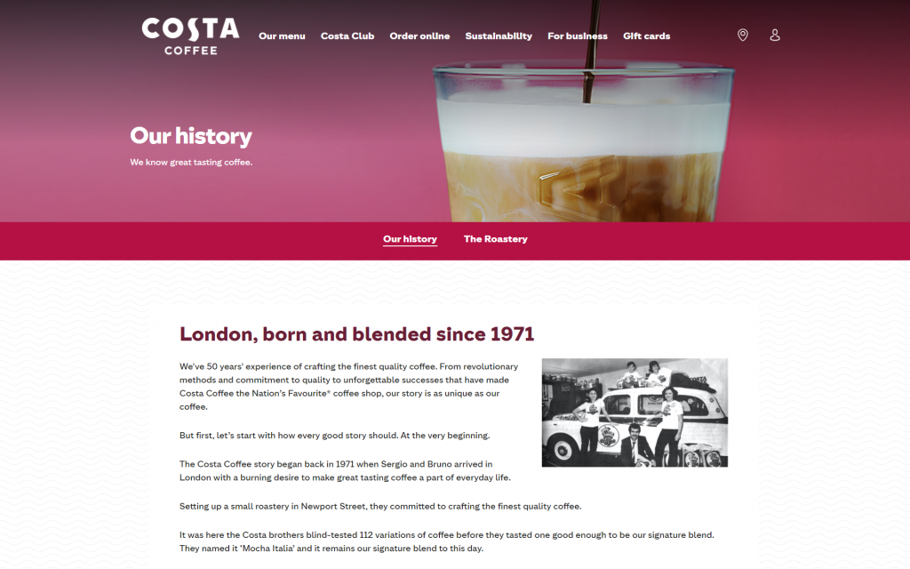 Costa Coffee's About Us. Iced coffee header with black and white photo of the early Costa team in the 1970's.