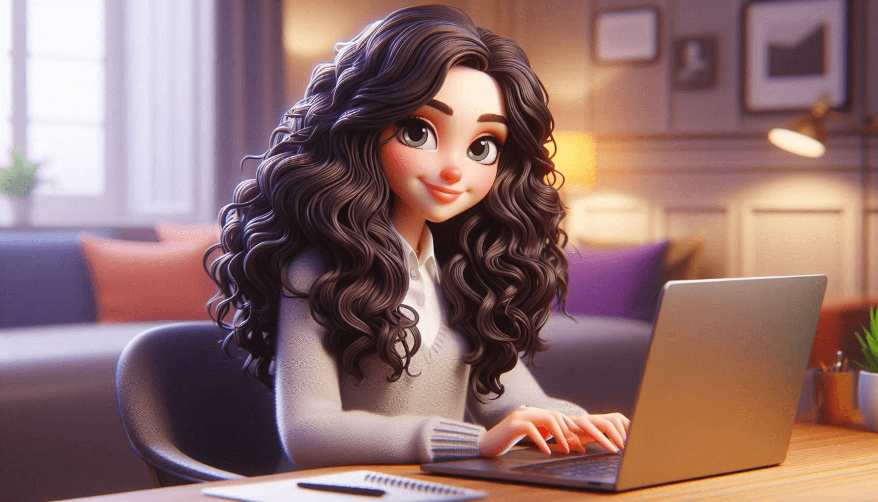 Illustration of Ann, with long, dark curly hair, writing on a laptop at her desk.