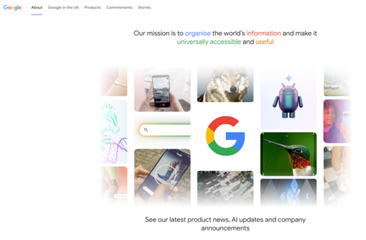 Google's page shows their mission statement in branded colours with a montage of features.
