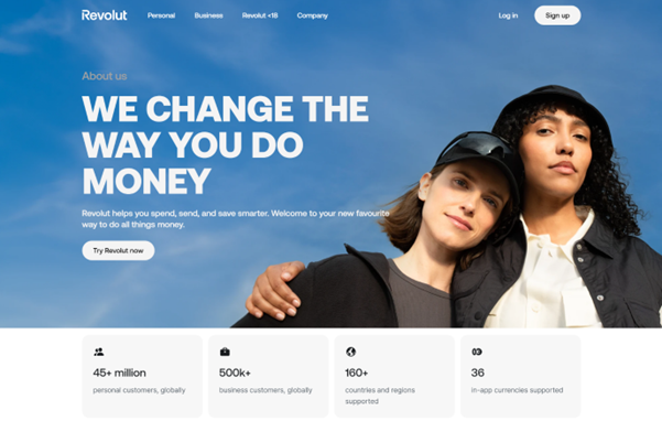Revolut's about us page headline emphasises their innovation and includes global numbers to encourage trust.