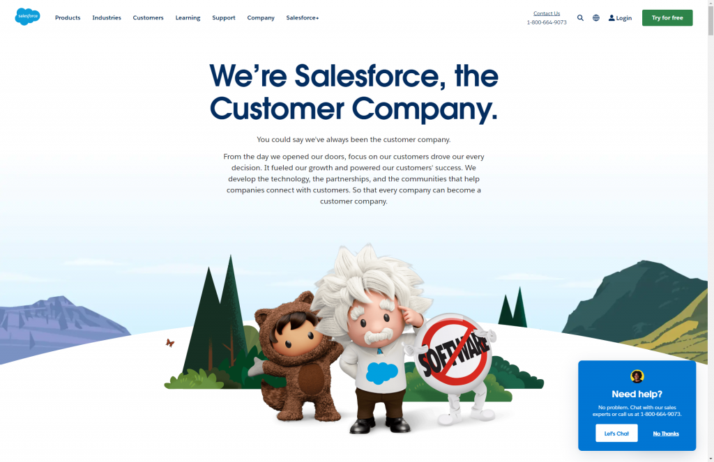 Salesforce company page showcasing branded characters Astro and Einstein with slogan: We're Salesforce, the Customer Company.