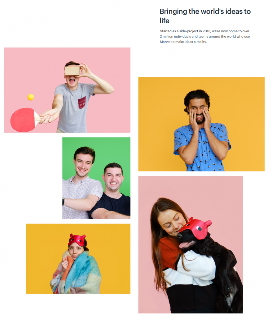 Marvel's about us page emphasises their mission to bring the world's ideas to life. Bright and playful images of employees and dogs.