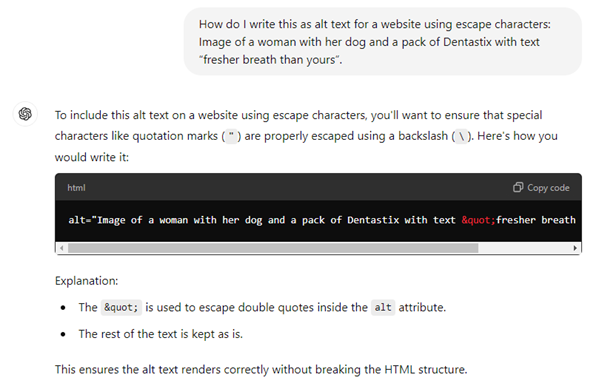 AI results for a request for the creation of HTML using escape characters.