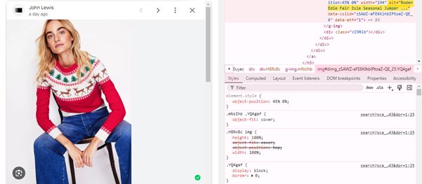 The top search image shown with its alt text display, Boden Edie Fair Isle Seasonal Jumper, Red/Multi, XS.