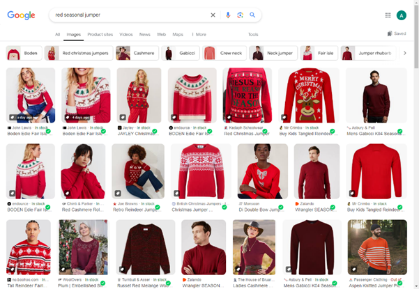 Page 1 results of Google search for red seasonal jumper.
