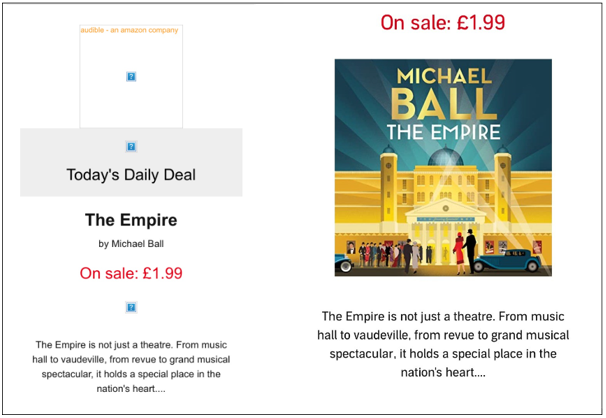 Audible deal of the day with comparison between visible alt text and loaded image.