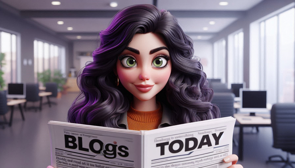 Ann reading Blogs Today newspaper, full of content examples.