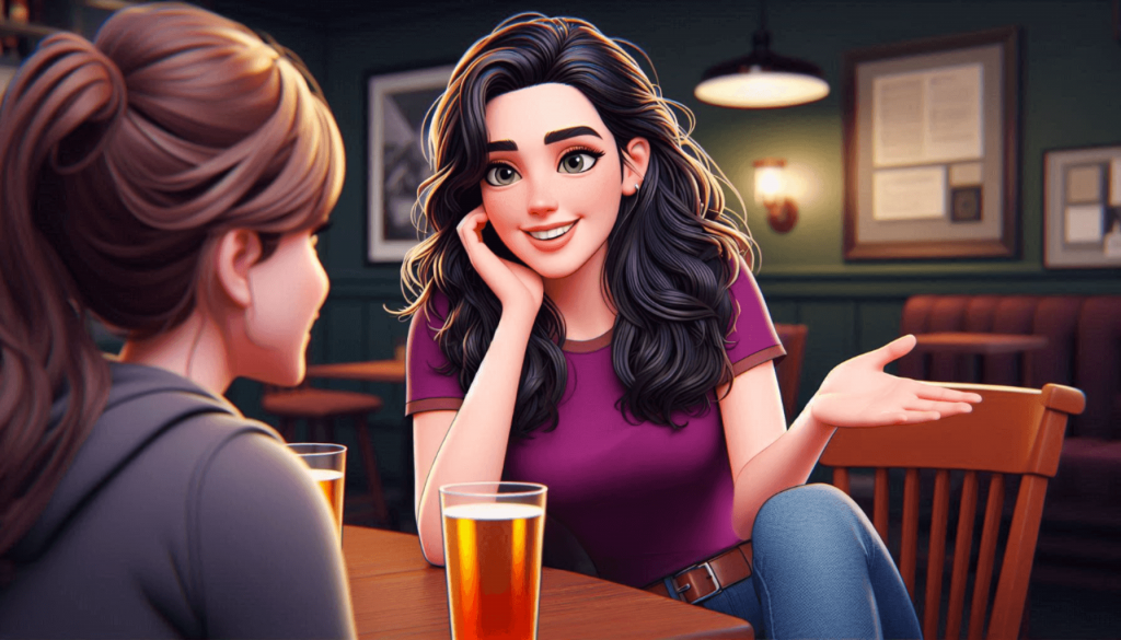 Ann at the pub chatting to a friend over a beer. Possibly about herself but more likely about books.