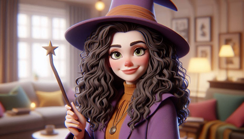 Illustration of Ann dressed as a wizard, waving a magic wand over her writing services.