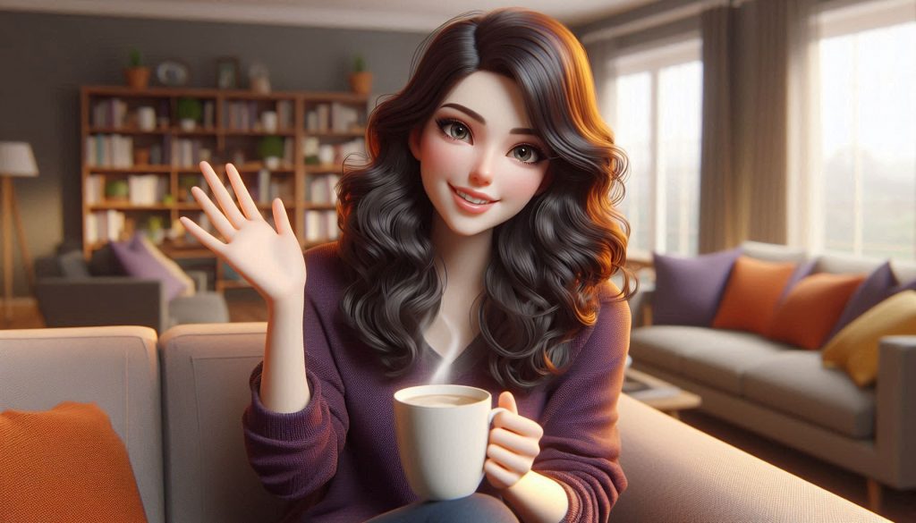 Ann waving hello on the sofa about to drink a cuppa.