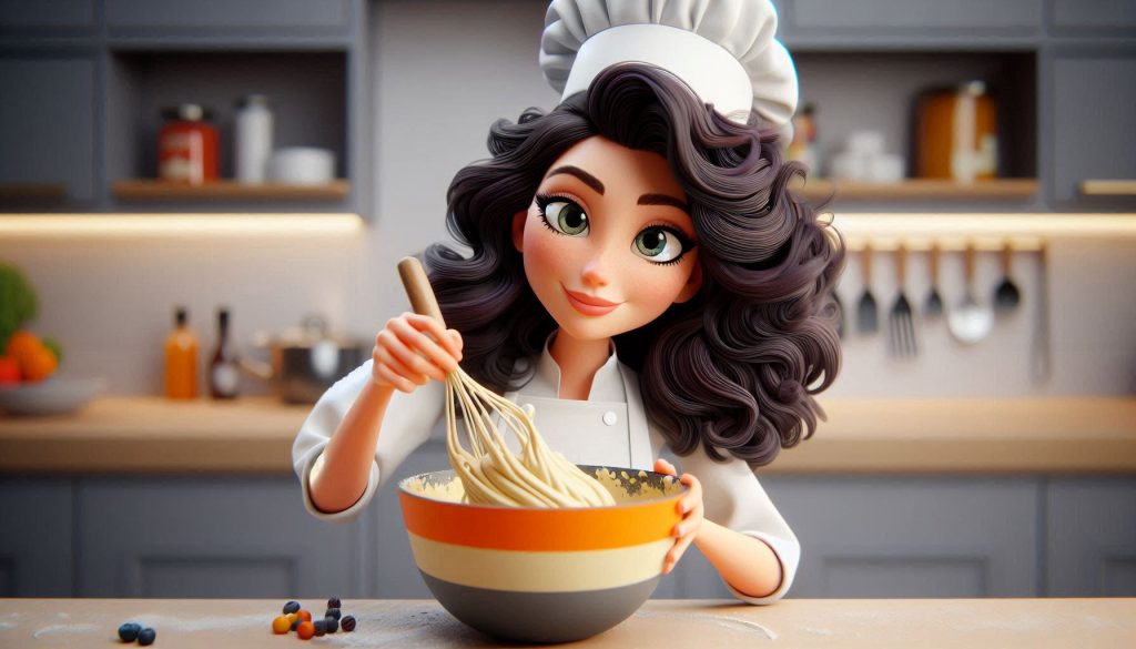 Ann wearing chef's whites in a kitchen, mixing a bowl of content.