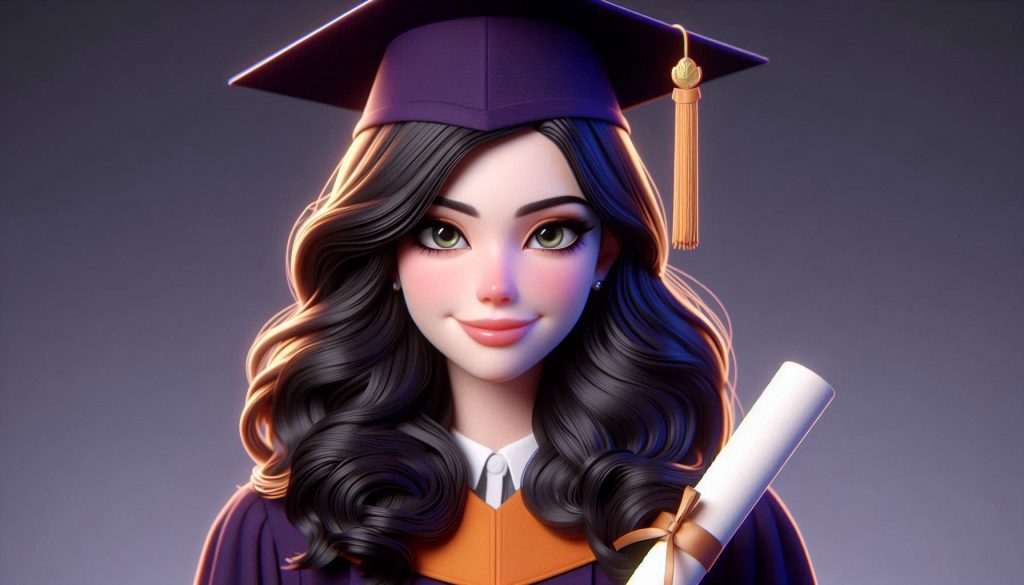 Ann dressed in cap and gown as a graduate.