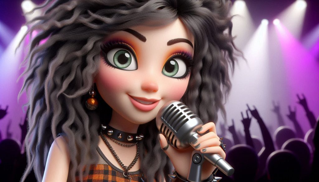 Ann dressed as a rocker with a microphone and audience because why not be a rock star brand?