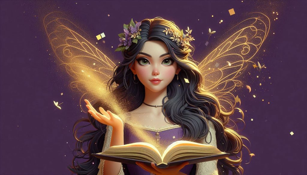 Ann dressed as a fairy sprinkling fairy dust on a customer's content.