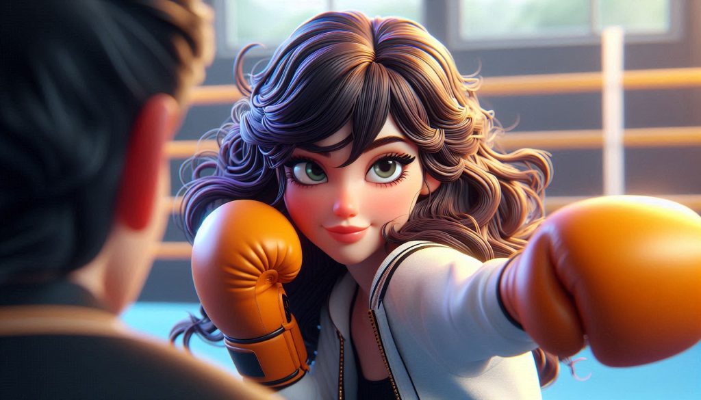 Ann in a boxing ring about to knock out the competitors.