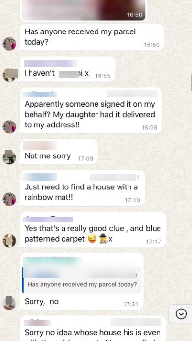 Screenshot of a mobile WhatsApp thread looking for a parcel delivered to the wrong address.