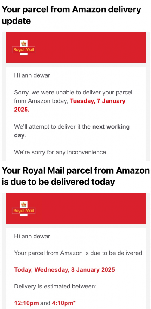 Delivery notification email updates from Royal Mail.