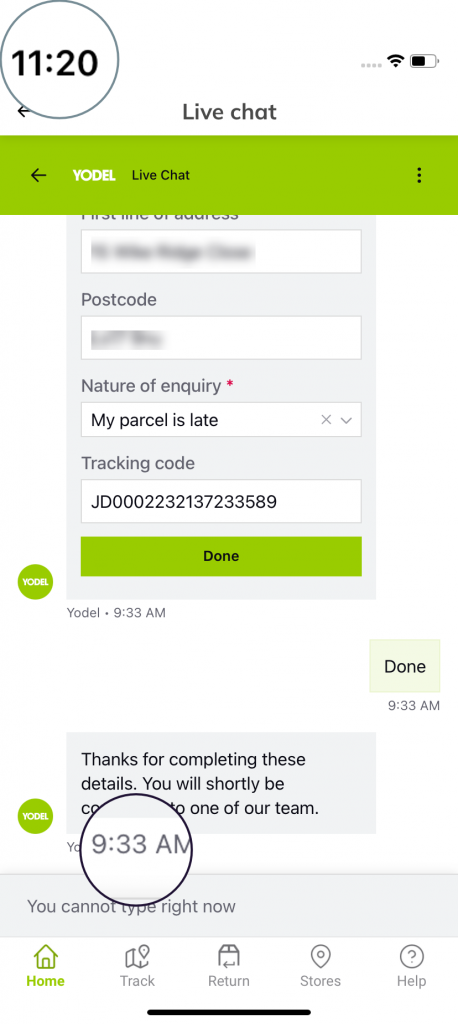 Screenshot of Yodel app chasing parcel delivery. Shows customer waiting on live chat for almost 2 hours without a response.
